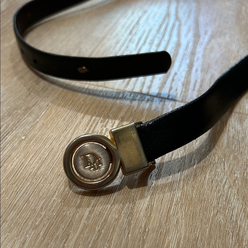 Dior Black Leather Belt with Gold Logo Buckle